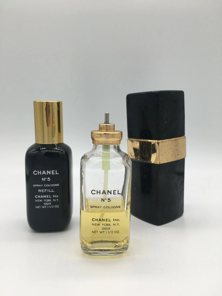 Vtg CHANEL NO. 5 Spray Cologne lot Rare Black Rubber refill Bottle Travel  case