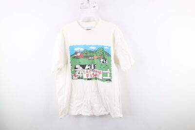 Vintage 90s Chik Fil A Mens Large Spell Out Eat More Fish Cow T-Shirt White USA