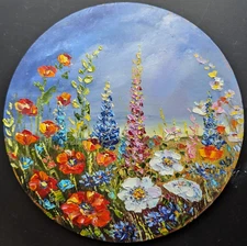 ORIGINAL OIL impasto Painting WILDFLOWERS  Circle 10"x 10" by Olga Diduh.