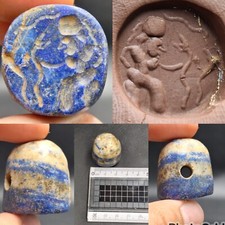 Roman ancient lapis stone king with snake engraved intaglio stone bead