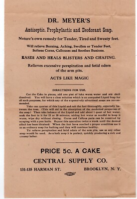 Dr. Meyer's Antiseptic Soap Central Supply Co. Brooklyn NY Broadside 1900's