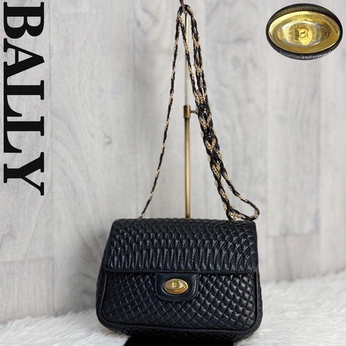 BALLY B-Logo Quilted Leather Chain Shoulder Bag Turnlock Black Vintage