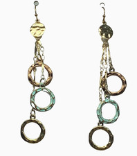 Mixed Metal Dangle Earrings Hammered Gold Tone Copper Green Patina Open Circles