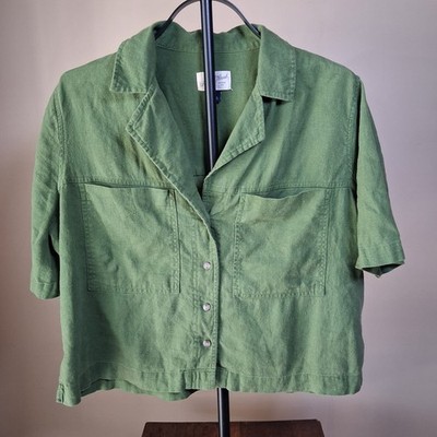 Universal Threads Short Sleeve Button Up Green Crop Top; Size S; Linen Blend