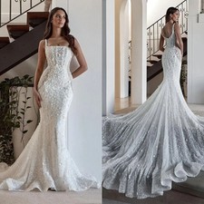 Elegant Mermaid Wedding Dresses Spaghetti Straps Lace Flower Sequins Bridal Gown