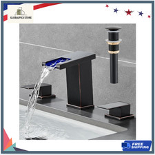 LED Bathroom Faucet 3 Hole Waterfall 8 Inch Widespread Double Handle Bronze
