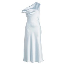 MSRP $285 BHLDN Amsale One-Shoulder Satin Midi Dress Ice Blue Gown Size 4 NWOT