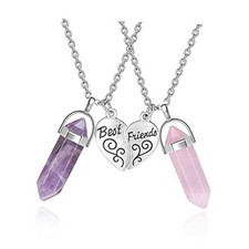 BFF Necklace for 2 - Matching Heart Best Friends Amethyst Rose Quartz Pendant