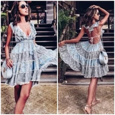 ZIMMERMANN Dress Caravan Ruffle Mini Size 1/ AU 10/ US 6 Spiced Blue Tie Back