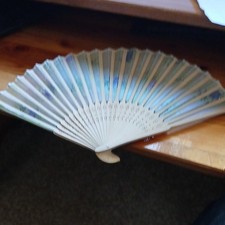 Handmade Blue  White Floral Folding Hand Fan with Fabric Case Sleeve