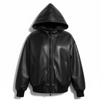 Mens Black Genuine Leather Hooded Jacket Oversized Zip Bomber Streetwear Coat