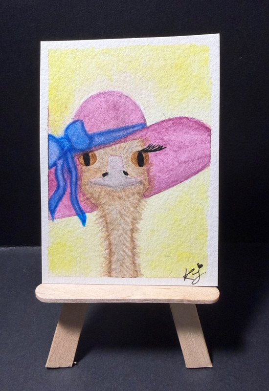 Original ACEO Watercolor Ostrich Hat Bow Bird Lady Fancy Yellow Painting