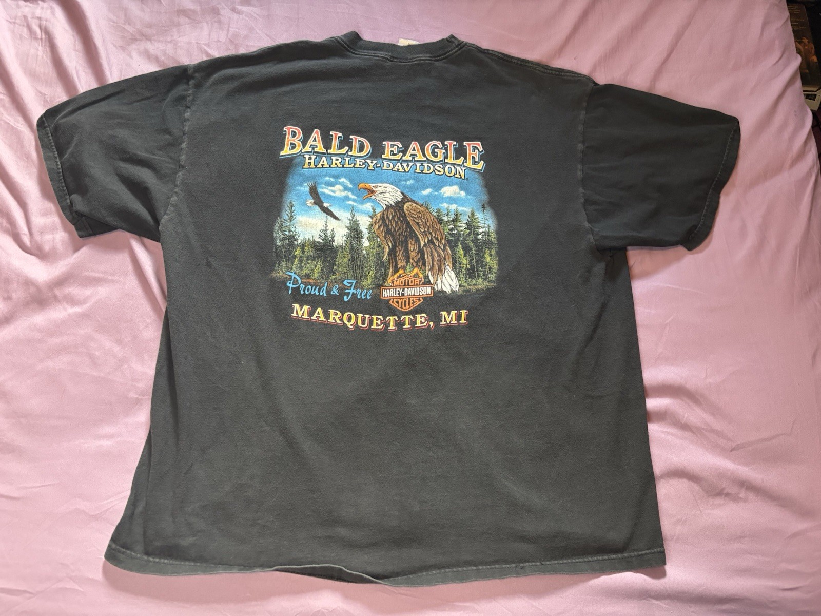 Harley Davidson Shirt Mens XL Black Marquette Michigan Bald Eagle Pocket Tee