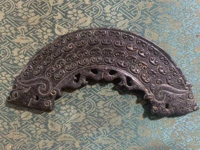 Large Chinese Old Black Jade Hand Carved *Han 2Dragons* 2Faces Huang Plaque