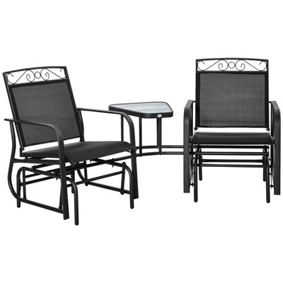 2-Person Rocking Glider w/ Tempered Glass Table, Steel Frame, Black Finish