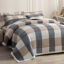 Cotton Plaid Quilt Set, Ultra Soft 3 Pieces King Size Bedding with 2 Pillow S...