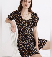 Madewell Smocked Sleeve Dark Blue Floral Mini Dress, Size 6
