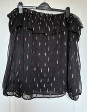 New LIPSY Black Chiffon Overlay Embroidered Frill Bardot Top, Size 16