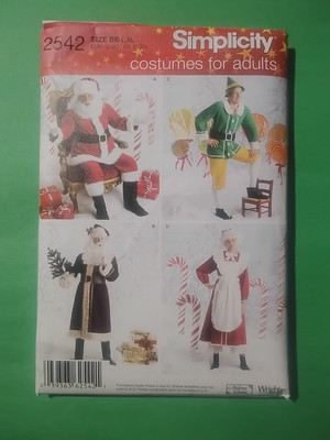 Simplicity 2542 Christmas Santa Mrs Claus Elf Buddy Costume Adult Pattern, XS-M