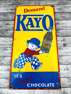 VINTAGE 12x6" KAYO CHOCOLATE PORCELAIN GASOLINE SODA POP PUMP PUMP GAS OIL SIGN