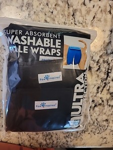 PAW INSPIRED DOG SUPER ABSORBANT WASHABLE MALE WRAPS (3) Medium 15-21in, Black. 
