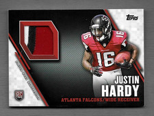 JUSTIN HARDY 2015 TOPPS ROOKIE 3 COLOR PATCH CARD #TRP-JHA FALCONS. rookie card picture