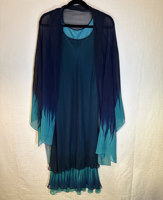 #ad Blue Green Ombre Sheer Layered Ruffle Maxi Dress Sleeveless Scoop Neck S M $5.00
