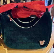 Disney Parks Gingerbread Minnie Mouse Velvet Shoulder Bag Green with Red Bow NWT
