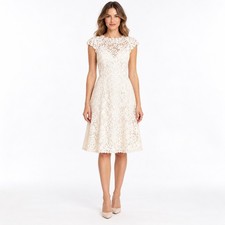 Amy Kuschel Ivory White Floral Lace Cap Sleeve Dress Scalloped Hem Bridal Gown 2