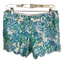 Lilly Pulitzer Buttercup Shorts Size 0 Blue Green Floral Pattern Scalloped Hem