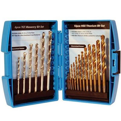 SILVERLINE NEW 19 PC HSS TITANIUM & TCT MASONARY / MASONRY WOOD BRICK METAL DRILL BIT SET