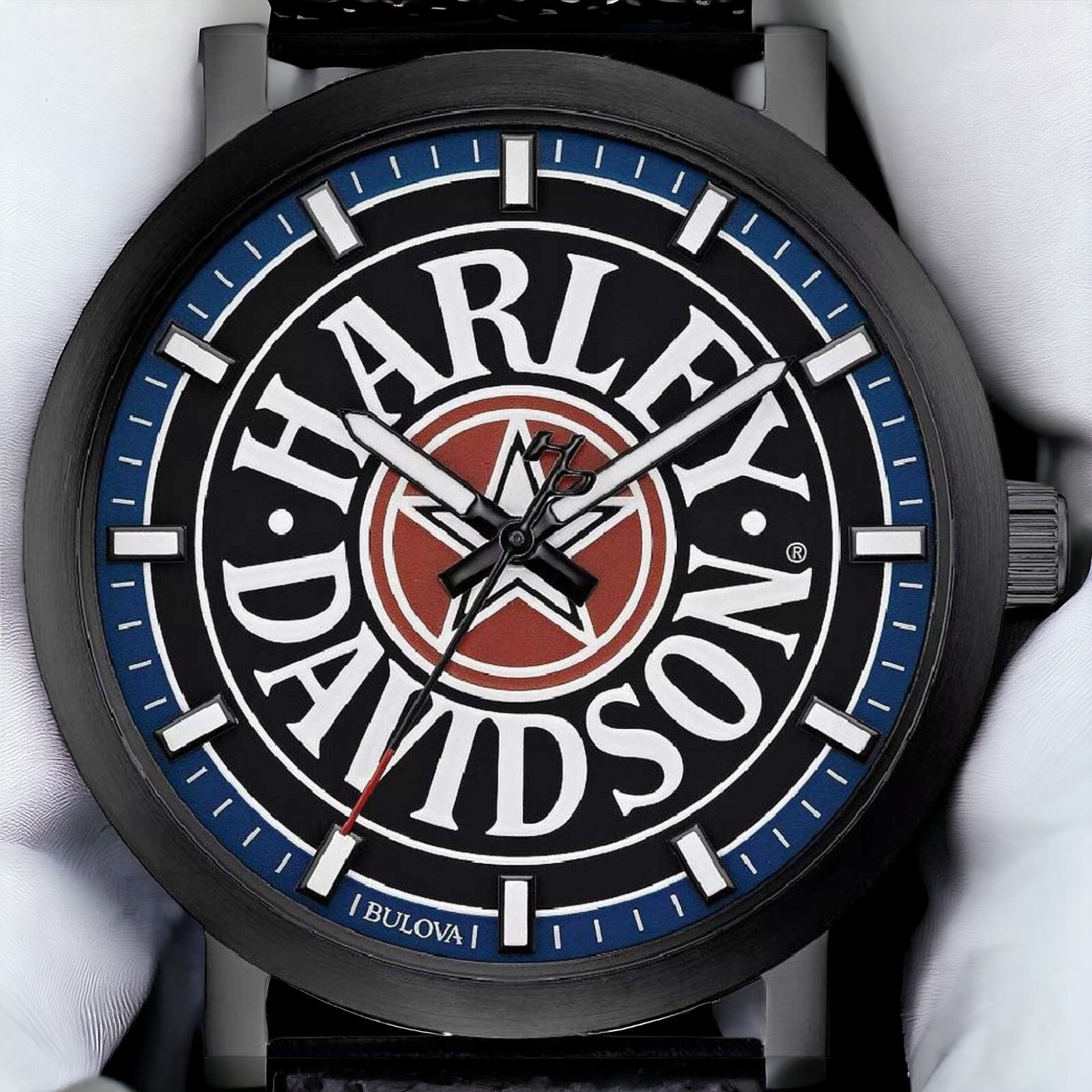 Harley Davidson Bulova Watch Fat Boy 40mm Mens Black Leather Band