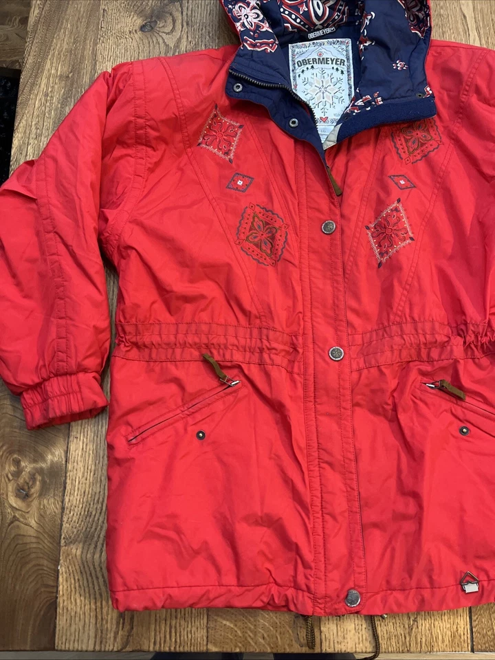 Abrigo de nieve de invierno vintage para mujer OBERMEYER, largo bordado floral rojo, talla L Foto 2 de 4