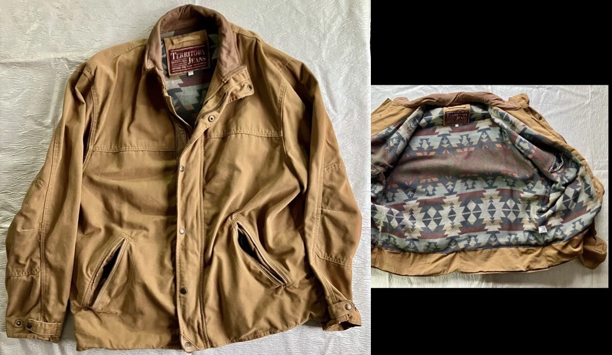 Vtg 90s Aztec Southwest Flannel Lined Territory Jeans Work Coat Pockets Size XL