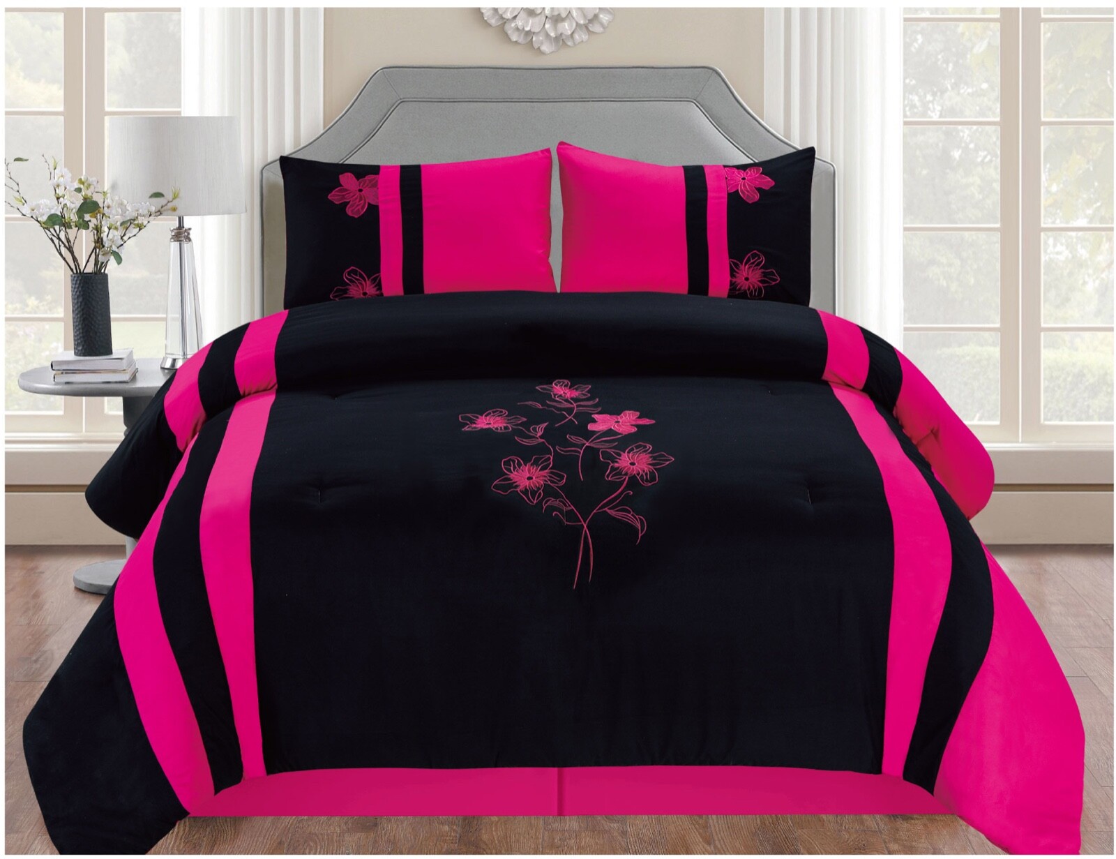 Embroidered Floral Pink and Black Comforter Set with Sheet Set! eBay