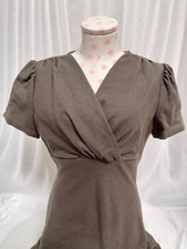 Handmade Dress Wrap Front Olive Gray Puff Sleeve Womens Size XS/S