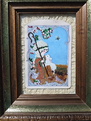 Vintage Shepherd Lamb Star Seed Bead Framed Art Lace Felt Animals Framed EVC