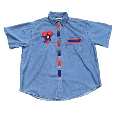 Camisa Denim Talla Grande 2X Botones De Colección Y2K Años 90 Patchwork Patriótico Abuela Algodón