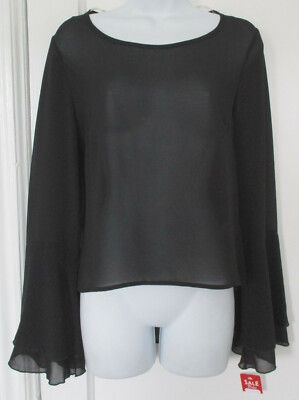 Sheer Open Back Blouse Flared Sleeves Black Embroidery Junior Size M B-Sharp NWT