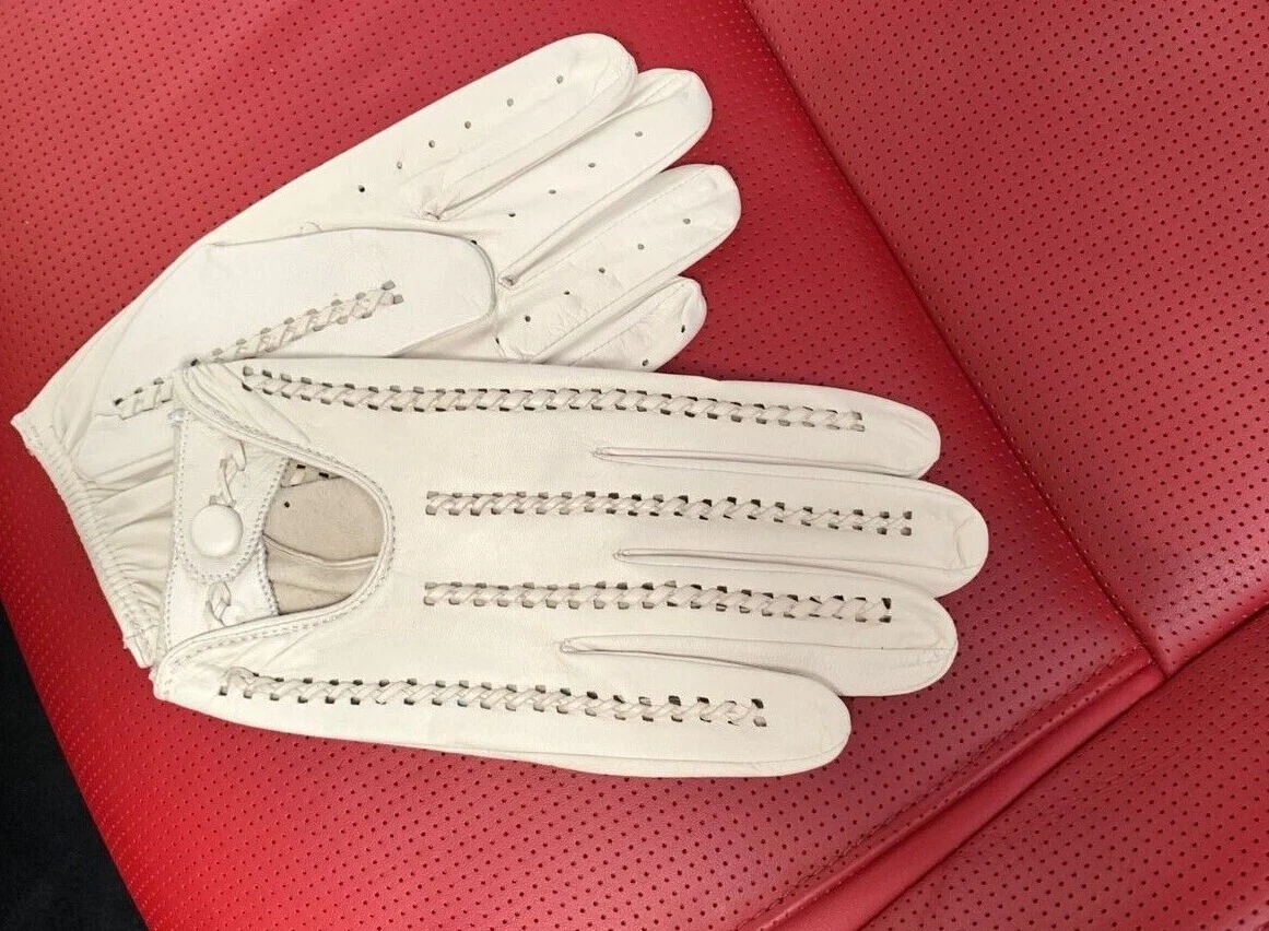 White Handmade Knitted Napa Leather Gloves For Men