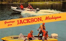 Jackson Michigan Fishing Center Big Wolf Lake Kalamazoo River Vtg Postcard G60