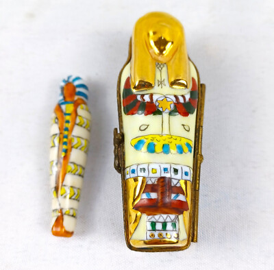 Egyptian Sarcophagus & Mummy Limoges Peint Main 10K Gold Hinge Trinket Box