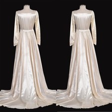 Vintage Satin Wedding Dress Long Sleeve Light Champagne Sweep Train Bridal Gown