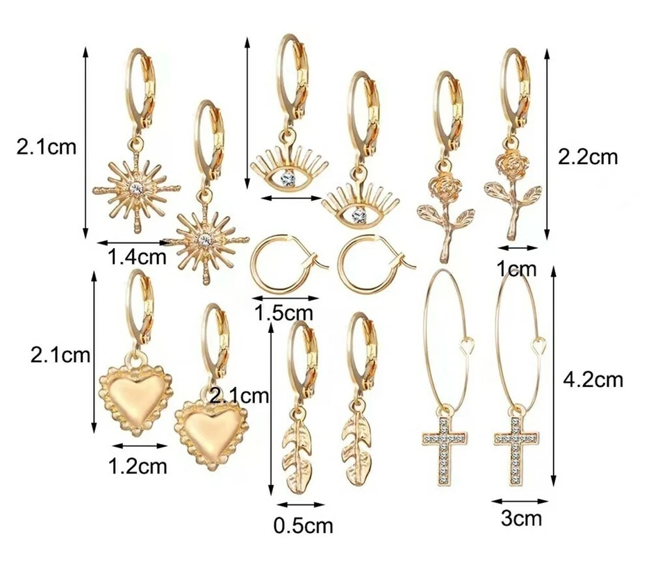 Mujer 7 Pares Retro Pendientes Valor Set Regalo Cruz Mal de Ojo Corazón Rosa Hoja 0489 Foto 3 de 4