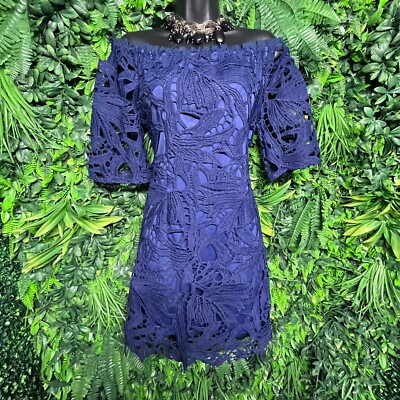 La Diosa Dress Women Small Blue Boho Off Shoulder Embroidery Lace Lined 1417