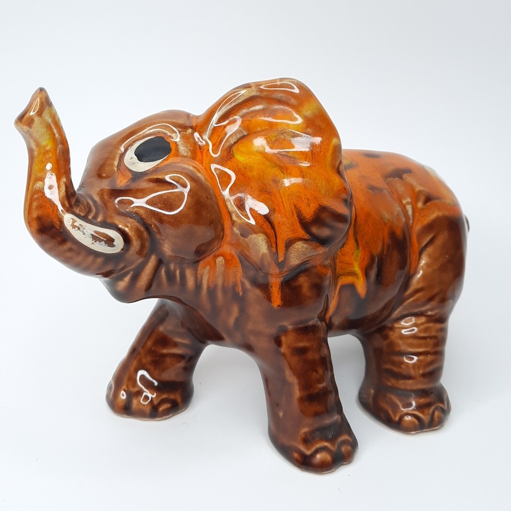 Trunk Up Elephant Brown & Orange Drip Glaze VTG Cold Painted Figurine Big Eyes