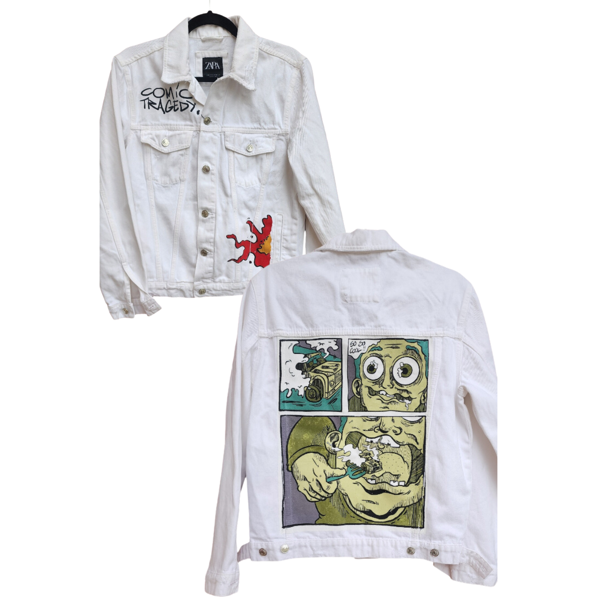 Men's NWT Zara White Denim Jacket Comic Tragedy Small | eBay