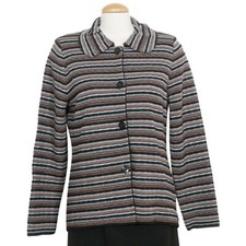 Misook Black Cocoa Brown Blue Jacquard Stripe Button Front Jacket M