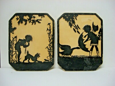 VINTAGE LOT 2 silhouette wall plaques CARVED ceramic ? children playing RARE 