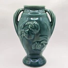 Shawnee Vintage Green Bud Vase 3D Flowers Marked USA 5.5 Inches Small Chip